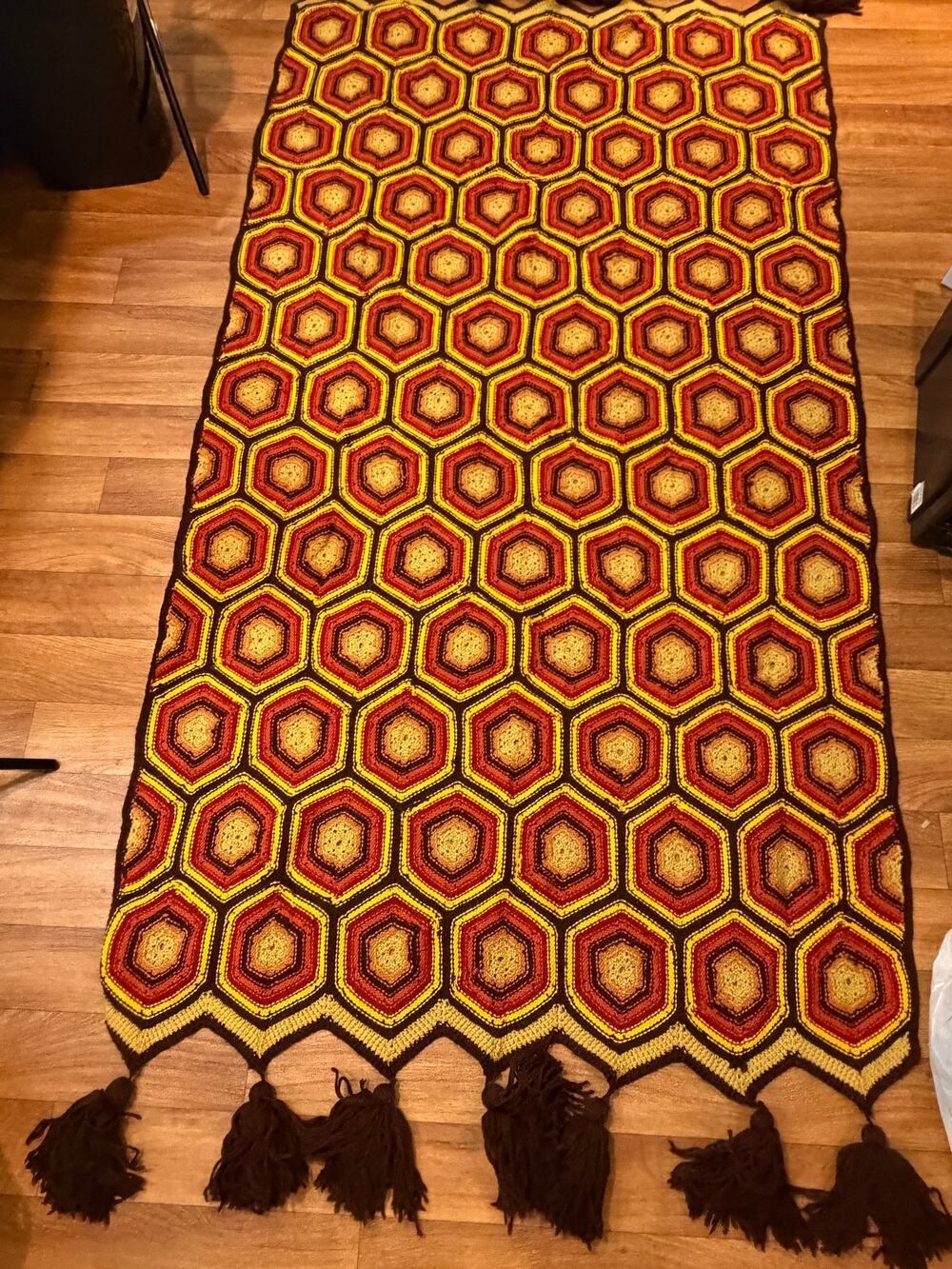 Vintage Handmade Knitted brown yellow orange tassels Afghan Throw Blanket 74x46